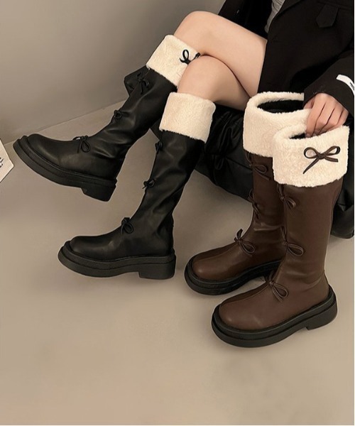 LIZLISABIGリボンブーツ ファー付き　ブラウン　美品　y2k姫系　当時物 gossip!ロサンゼルス ブーツ Y2K リボン エコファー配色ロングブーツ