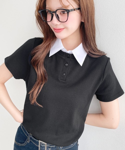moment+ tシャツ 半袖 バイカラーデザイン半袖レイヤードポロ