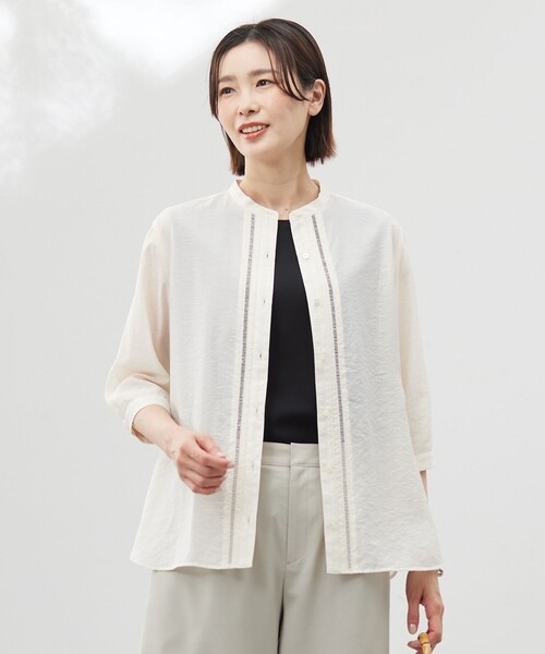 ブラウス シャツ 「WEB限定カラーあり・洗える」Sheer Vis リネン バンドカラー ブラウス レディース