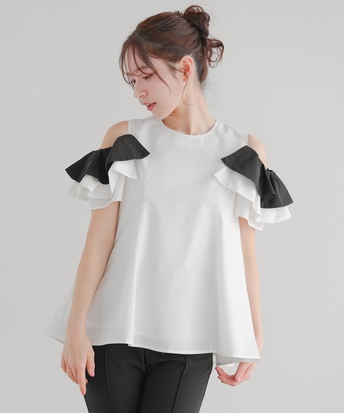 tシャツ オープンショルダーフリルトップス レディース