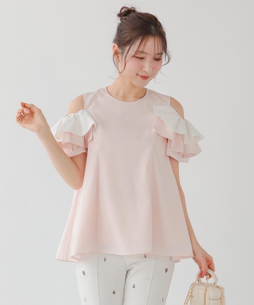 Fit more（フィットモア） tシャツ オープンショルダーフリルトップス