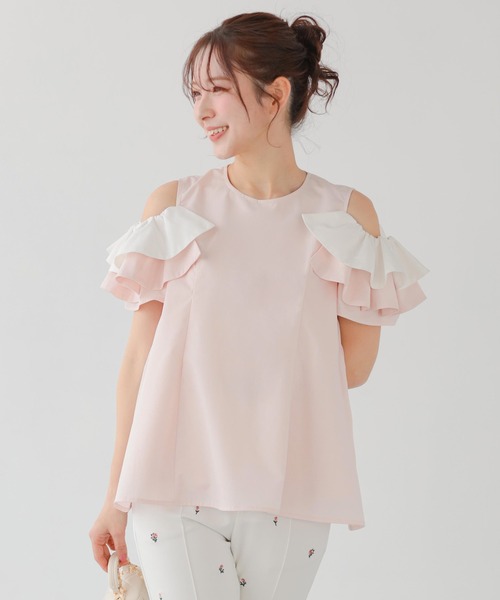 Fit more（フィットモア） tシャツ オープンショルダーフリルトップス