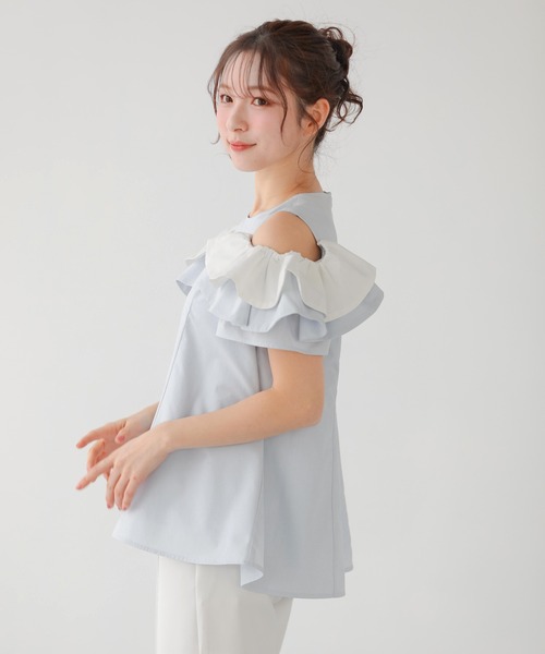 Fit more（フィットモア） tシャツ オープンショルダーフリルトップス