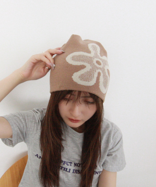 ADA ニットキャップ Ada. ニット帽 ニットキャップ フラワーモチーフ ジャガード ニット