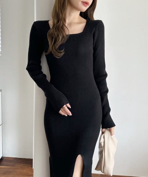 クヌースマーフ スクエアネックワンピース　ブラック　ニットワンピース 長袖　黒 Ada. ワンピース スクエアネック フロント スリット 長袖 ニット