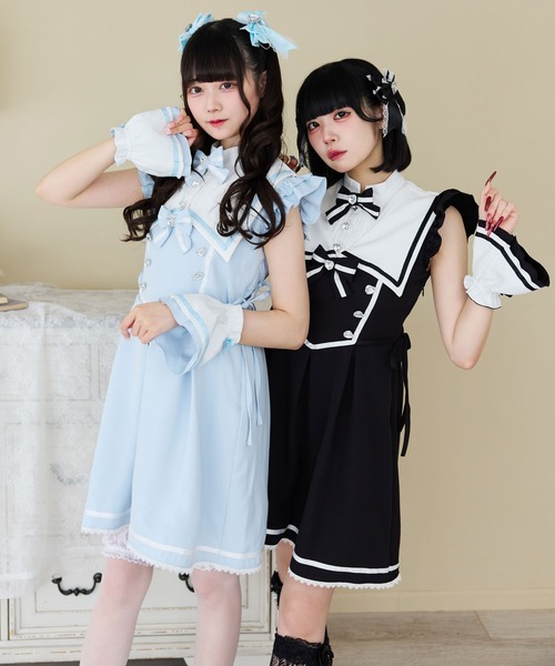 「DearMyLove」 半袖ワンピース LARGE ブラック×ホワイト レディース_画像2