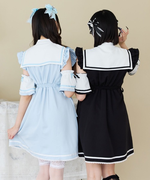 「DearMyLove」 半袖ワンピース LARGE ブラック×ホワイト レディース_画像3