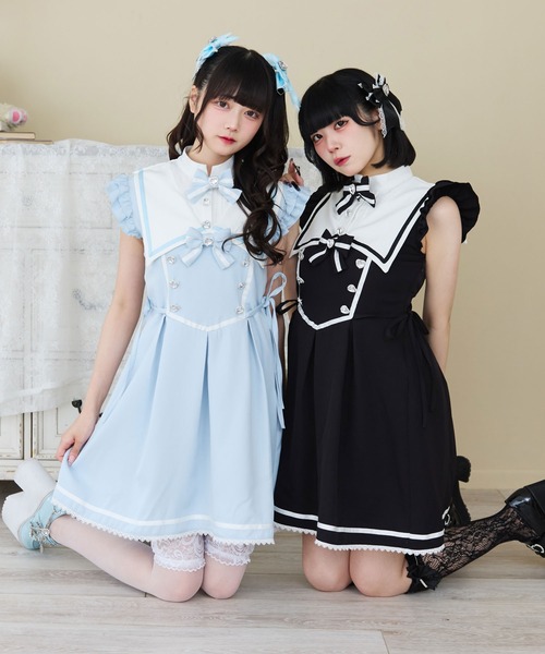「DearMyLove」 半袖ワンピース LARGE ブラック×ホワイト レディース_画像6