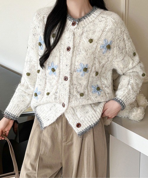 カーディガン フラワー刺繍ケーブルニットカーディガン レディース