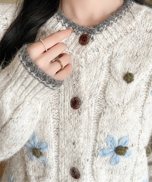 カーディガン フラワー刺繍ケーブルニットカーディガン レディース