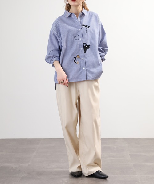Quelle Chance（ケルシャンス） ブラウス シャツ ひょっこり猫刺繍