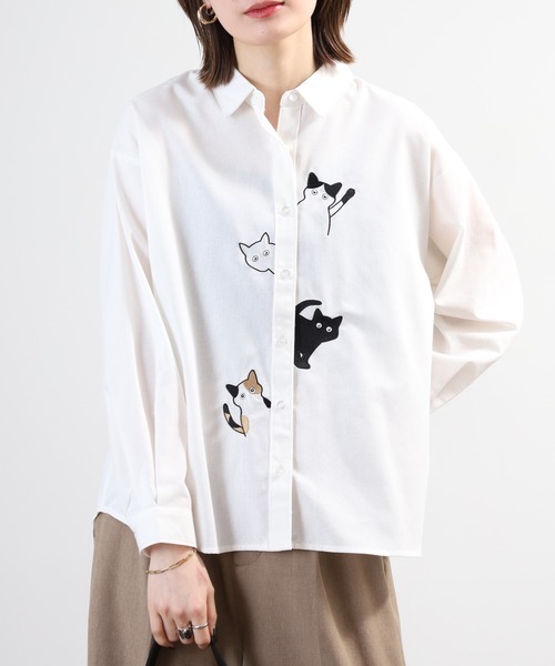 Production Garden 猫刺繍 リボンタイ ハイネックブラウス リボン付き猫刺繍ブラウスPO[品番：IGAW0003401]｜axes femme