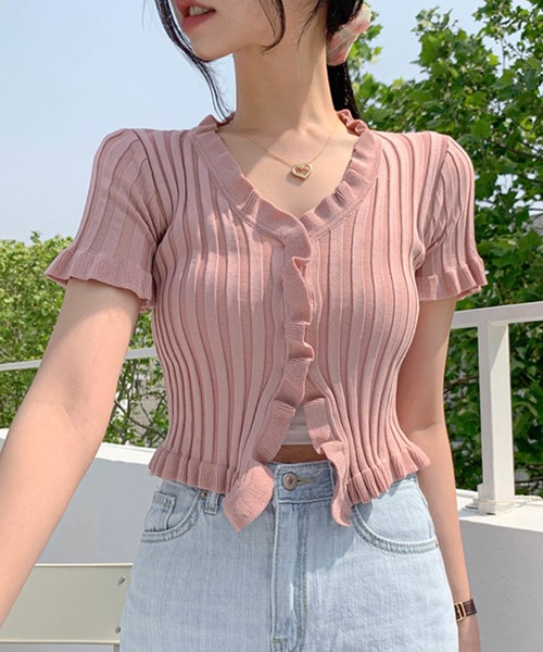 Jewelobe（ジュエローブ） カーディガン 半袖 フリルヘムニット