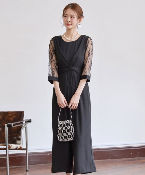 ジャンプスーツ パンツドレス オールインワン フリル シアー袖 4 DRESS+ パンツドレス パーティー 結婚式 ジャンプスーツ レース