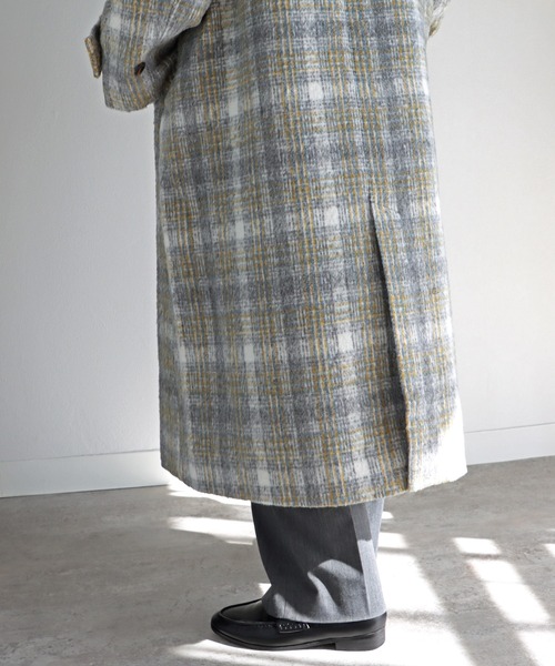 ステンカラーコート コート シャギーチェックスタンドカラーロング