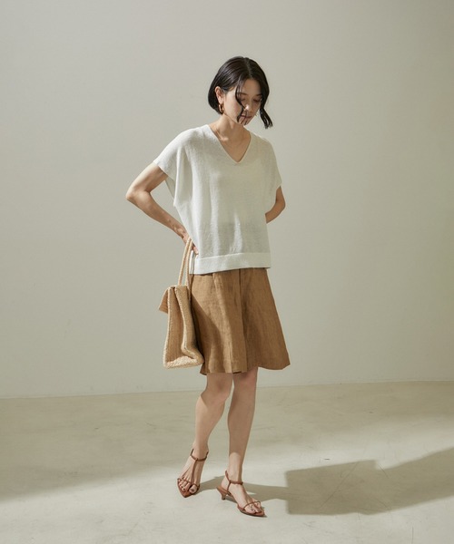 ニット セーター スパークルリネンラメフレンチスリーブVネックプルオーバー レディース SALON adam et rope' ニット セーター スパークルリネンラメ