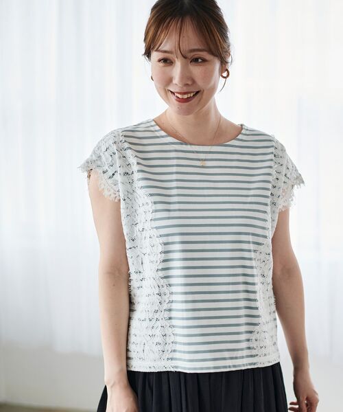 tシャツ 「手洗い可能」Perle Peche ボーダー×レースカットソー レディース