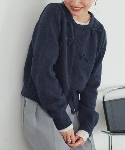 TOUJOURS トゥージュー　リボンカーディガン　ネイビー　羽織り 楽天市場】【半額クーポン対象】リボン刺繍 ニット カーディガン