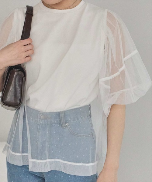 チュールレイヤードパフスリーブトップス レディース titivate tシャツ パフスリーブチュールレイヤードトップス