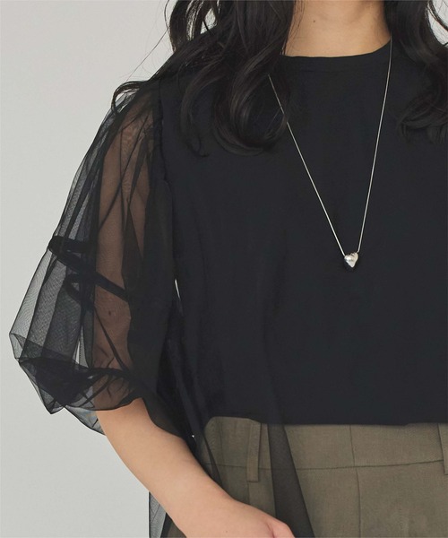 titivate tシャツ パフスリーブチュールレイヤードトップス