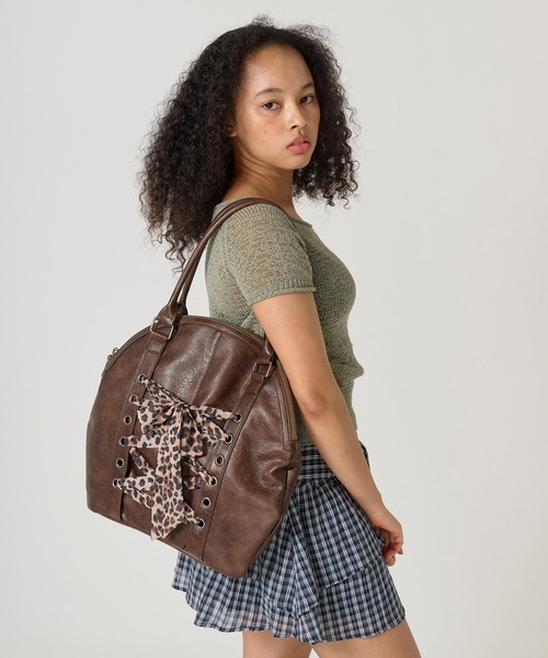 TINA:JOJUN レース ハンドバッグ ブラウン TINA：JOJUN ハンドバッグ レースアップ フェイクレザーバッグ