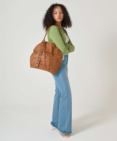 レースアップ フェイクレザーバッグ TINA：JOJUNブラウン新品未使用 TINA：JOJUN ハンドバッグ レースアップ フェイクレザーバッグ
