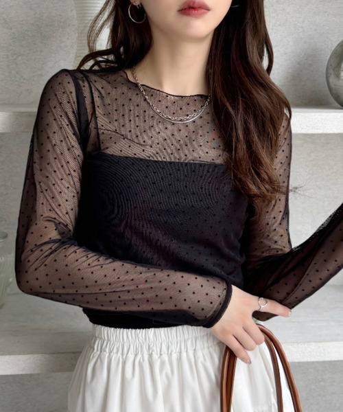 慈雨ドット柄のショート丈トップス Ada. tシャツ ドット柄 シアー クロップド丈 カットソー レディース