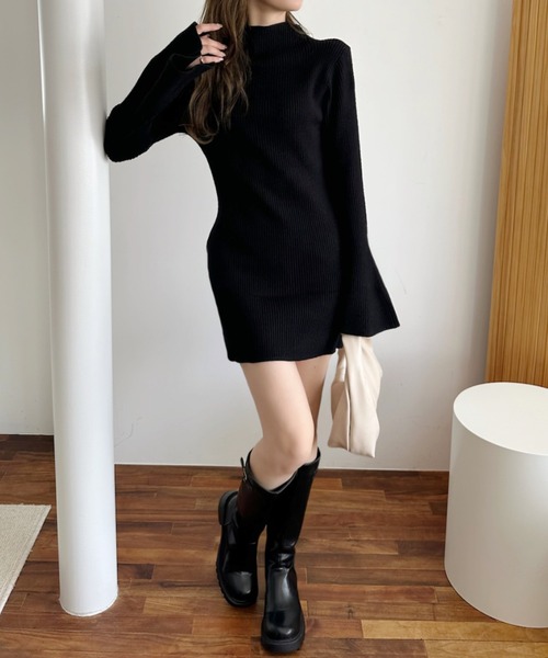 【タグ付き♡未使用】セオリー　リブニットハイネックフレアワンピース　ブラック　P Ada. ワンピース ぷちハイネック フレアスリーブ ニット ミニ