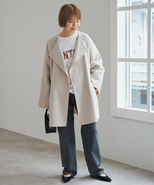 Spick&Span ウールノーカラーミドル丈コート リバーコート 36 spick&span】リバーコート ウール ノーカラー ミドル丈コート 36
