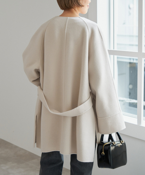 Spick&Span ウールノーカラーミドル丈コート リバーコート 36 spick&span】リバーコート ウール ノーカラー ミドル丈コート 36