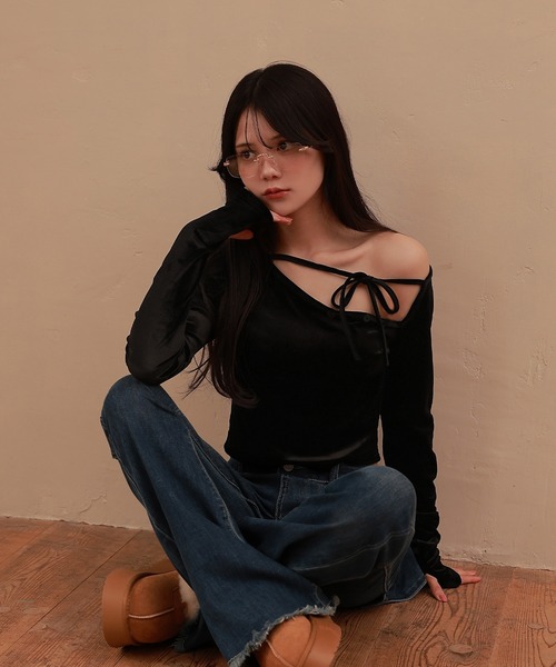 M DOLLY tシャツ *M DOLLY original* velor ribbon sogno tops/ベロア