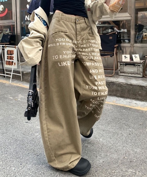 DIAVEL ワイドパンツ ジーンズ デニム デニムパンツ ロゴプリント低腰
