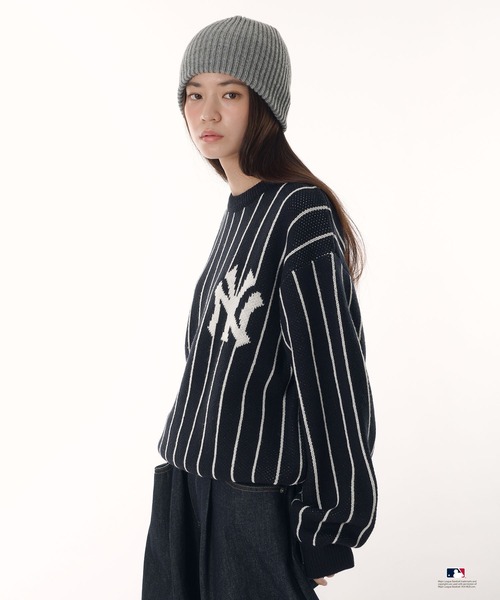 ペルーシュ　Perushu × MLB ジャガードニット　ネイビーストライプ　L Perushu セーター ニット × MLB ジャガードニット メンズ レディース