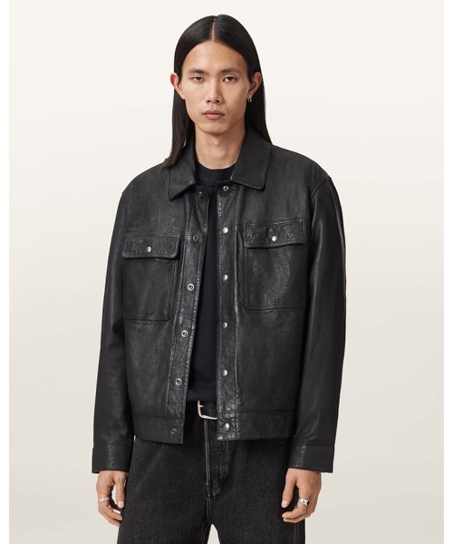 REAL SIMONS ECOオイルワックス仔牛革 シンプルジャケット 黒 M ALLSAINTS（オールセインツ） コート ジャケット SHELTON LEATHER