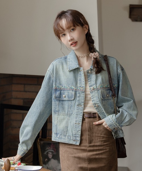 Aelina デニムジャケット gジャン 刺繍ショートデニムジャケット 