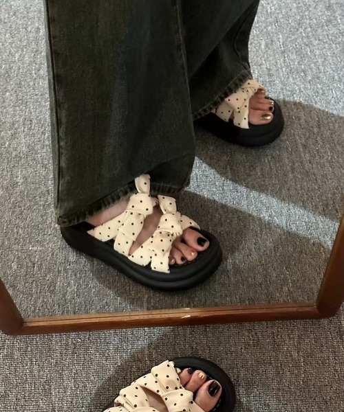 AsRiRe 厚底 サンダル 26ss ドット柄ダブルリボン厚底サンダル