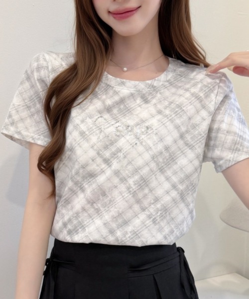 Ada. tシャツ 半袖 Y2K ラメ ロゴ チェック タイト シルエット Tシャツ