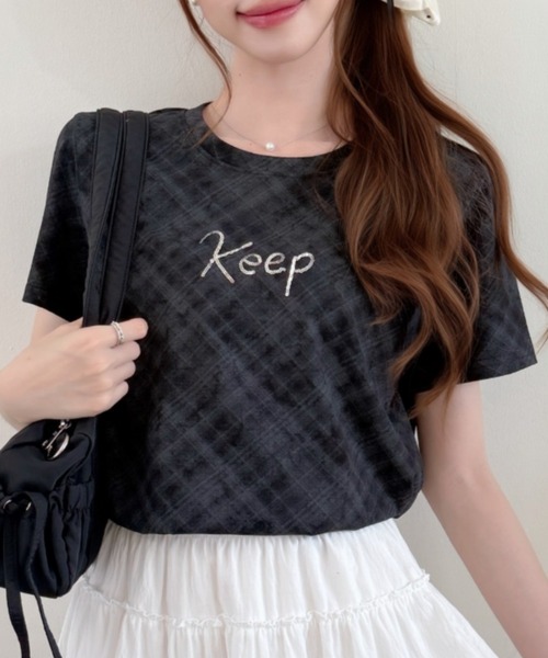 Ada. tシャツ 半袖 Y2K ラメ ロゴ チェック タイト シルエット Tシャツ
