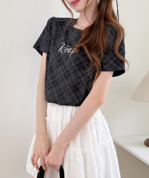 Ada. tシャツ 半袖 Y2K ラメ ロゴ チェック タイト シルエット Tシャツ