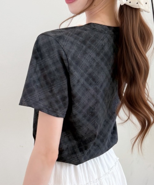 Ada. tシャツ 半袖 Y2K ラメ ロゴ チェック タイト シルエット Tシャツ