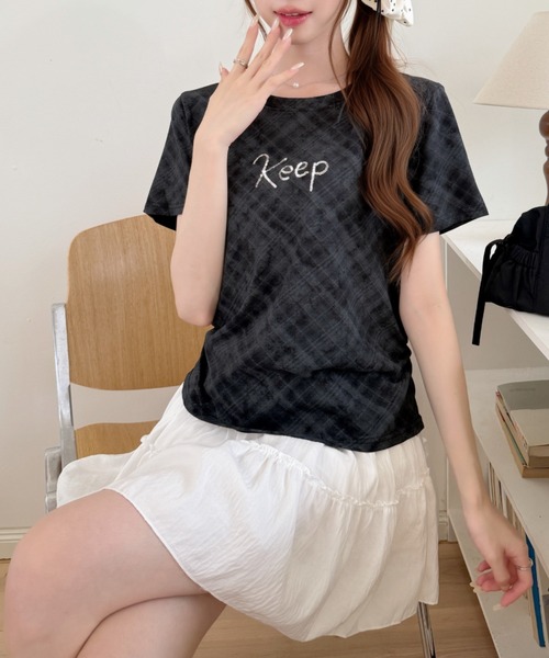 Ada. tシャツ 半袖 Y2K ラメ ロゴ チェック タイト シルエット Tシャツ