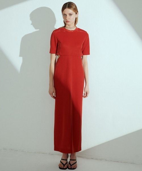 「DOUBLE STANDARD CLOTHING」 「essential」半袖ワンピース 36 レッド レディース_画像3