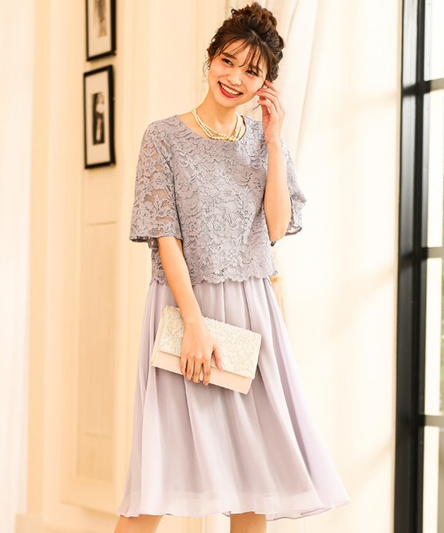 ドレス レース×シフォンドッキング 結婚式ワンピースドレス_2