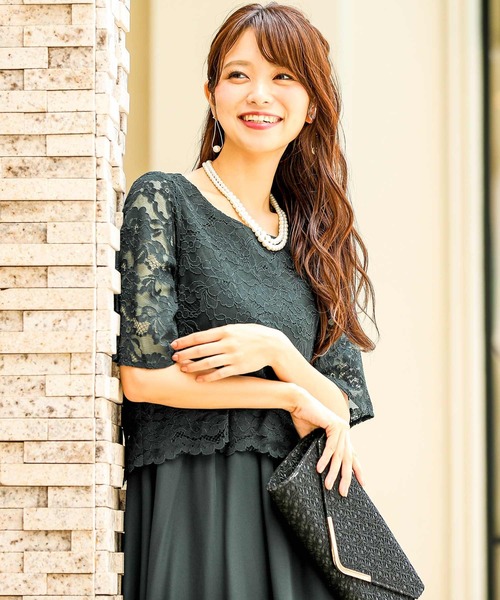 ドレス レース×シフォンドッキング 結婚式ワンピースドレス_4