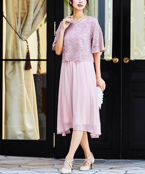 ドレス レース×シフォンドッキング 結婚式ワンピースドレス_25