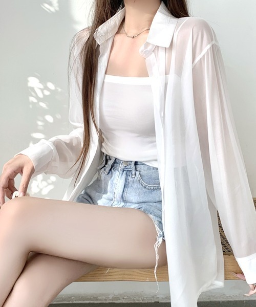 【新品未使用】herlipto ♡ シアーシャツ（off white ・S） リフ Riff シアーシャツ 後ろスリット シースルー 羽織り ブラウス