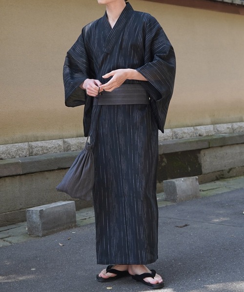 kujaku 羽織 コート ブラック 浴衣 甚平 16ss Rocky Monroe 浴衣 しじら織り/平織り帯付き浴衣 扇子 下駄 4点