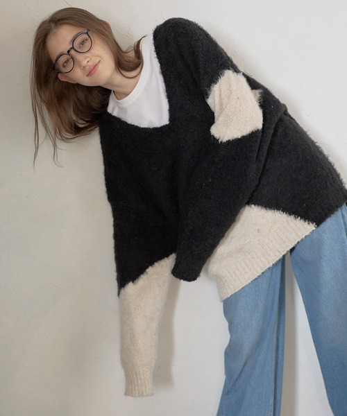 ニット セーター 「MINERTE」loop yarn intarsia V neck pullover / ブークレインターシャVネックプルオーバー