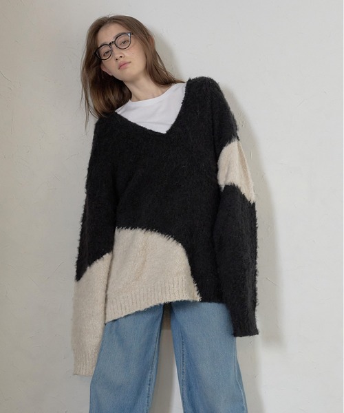 MINERTE ニット セーター 「MINERTE」loop yarn intarsia V neck