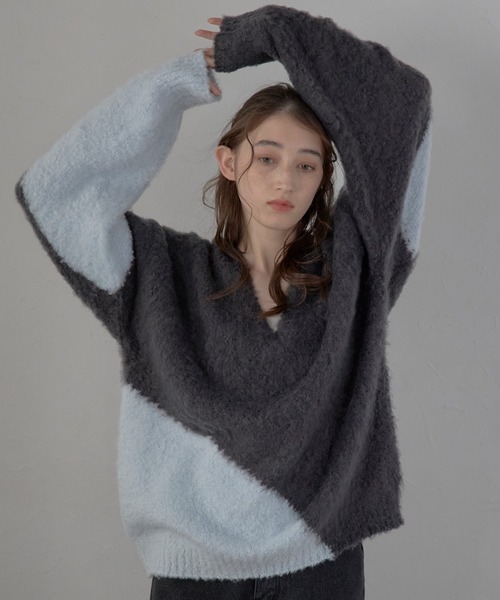 MINERTE ニット セーター 「MINERTE」loop yarn intarsia V neck